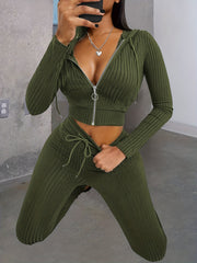 Ribbed Two-piece Set Zip Up Hoodies & Slim Pants Outfits