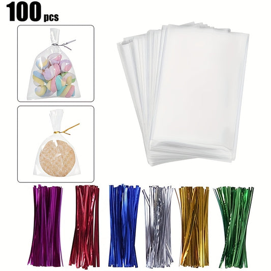 100 Clear Cellophane Bags with Twist Ties for Bakery Cookies & Candies