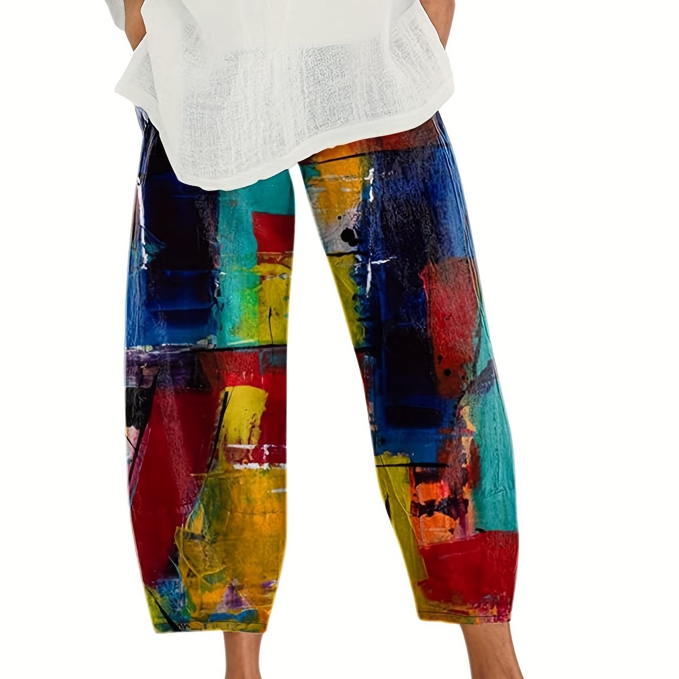  Colorblock Print Wide Leg Pants With Pockets