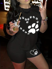 Women's Plus Dog Footprint Print Tee & Shorts Set