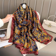 Paisley Print Scarf Navy Satin Shawl Casual Windproof Head Wrap