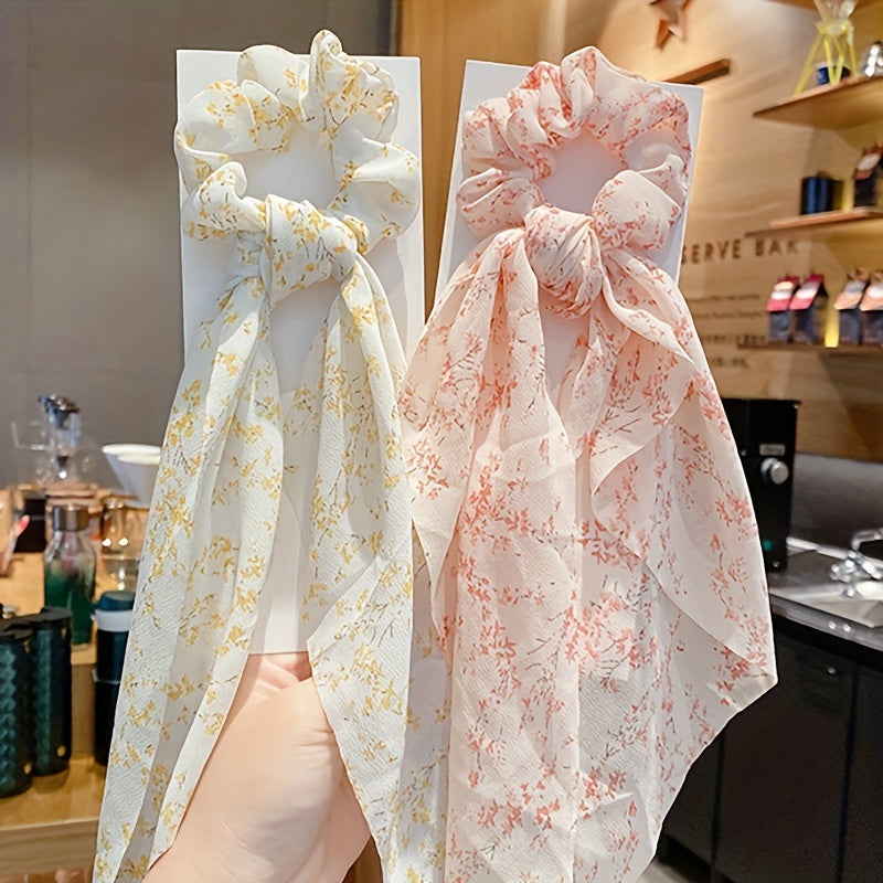 Sweet Floral Print Hair Ties Thin Ribbon Decor Hair Accessories