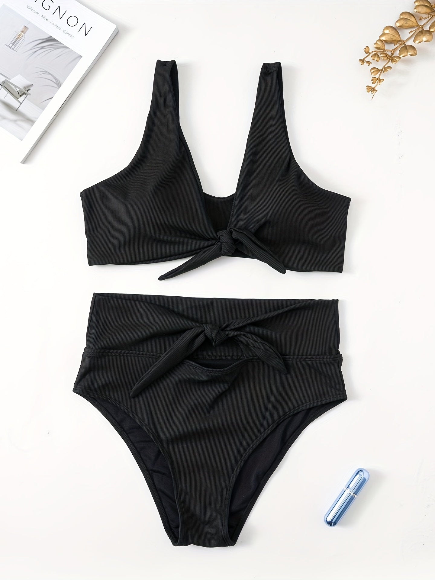  Solid Ribbed Bikini Set with Bow Knot Cut Out