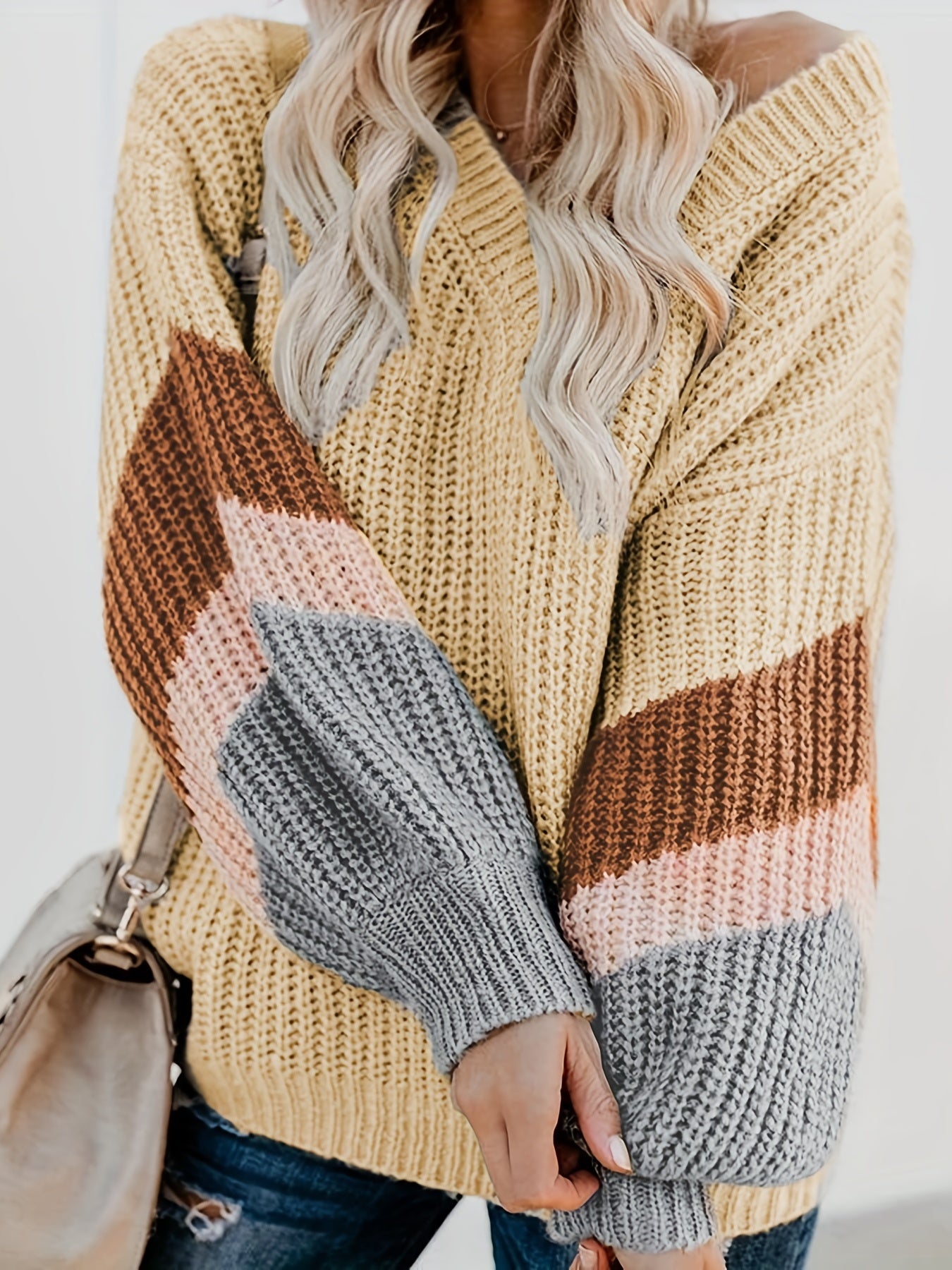  Striped Lantern Sleeve V Neck Sweater