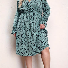  Leopard Print Lantern Sleeve Surplice Neck Dress