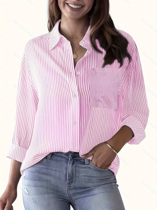 Stripe Print Long Sleeve Button Up Shirt Top