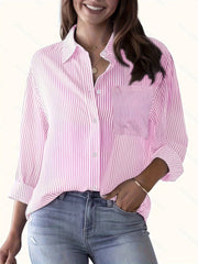  Stripe Print Long Sleeve Button Up Shirt Top