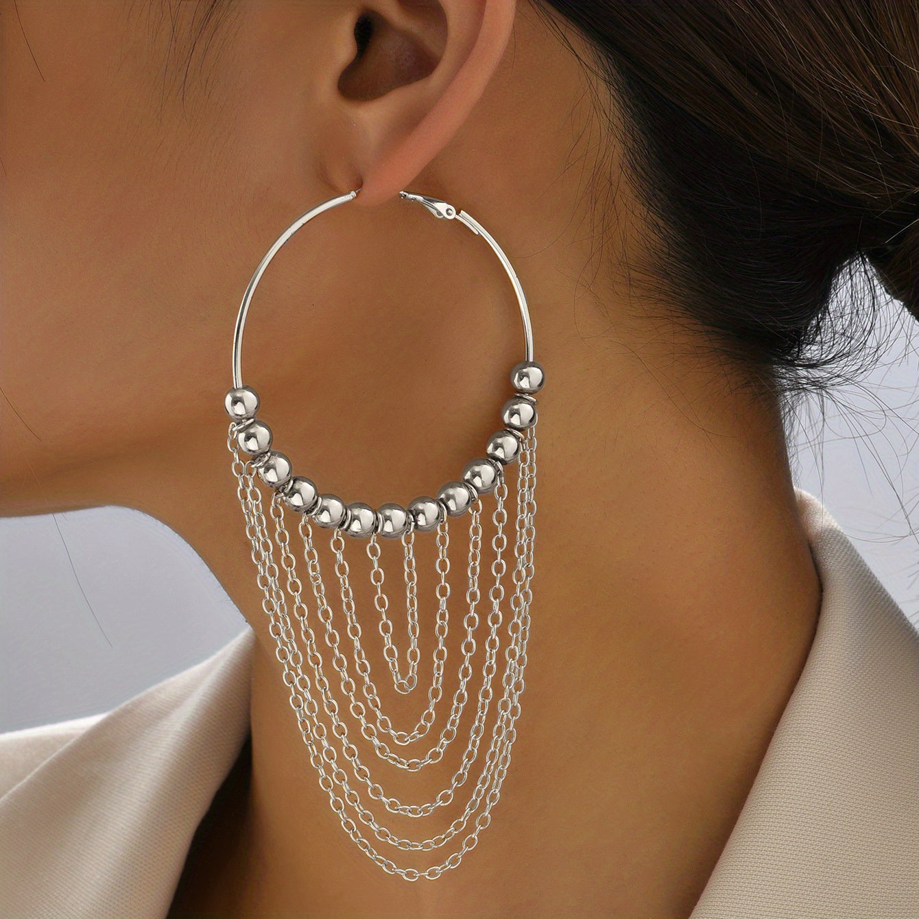 Golden Circle Tassel Hoop Dangle Earrings 18K Plated Ornaments