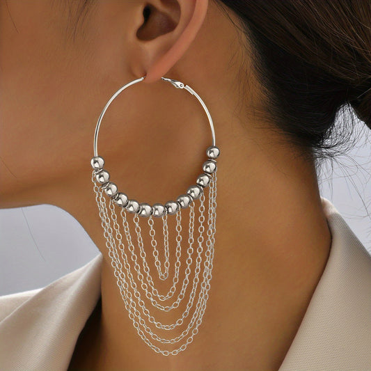 Golden Circle Tassel Hoop Dangle Earrings 18K Plated Ornaments