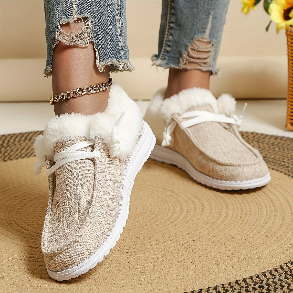Women's Solid Non-slip Thickened Sneakers Low Top Warm Sport Shoes