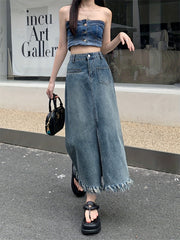 Fringe Trim Denim Maxi Skirt Straight Split Denim Skirt