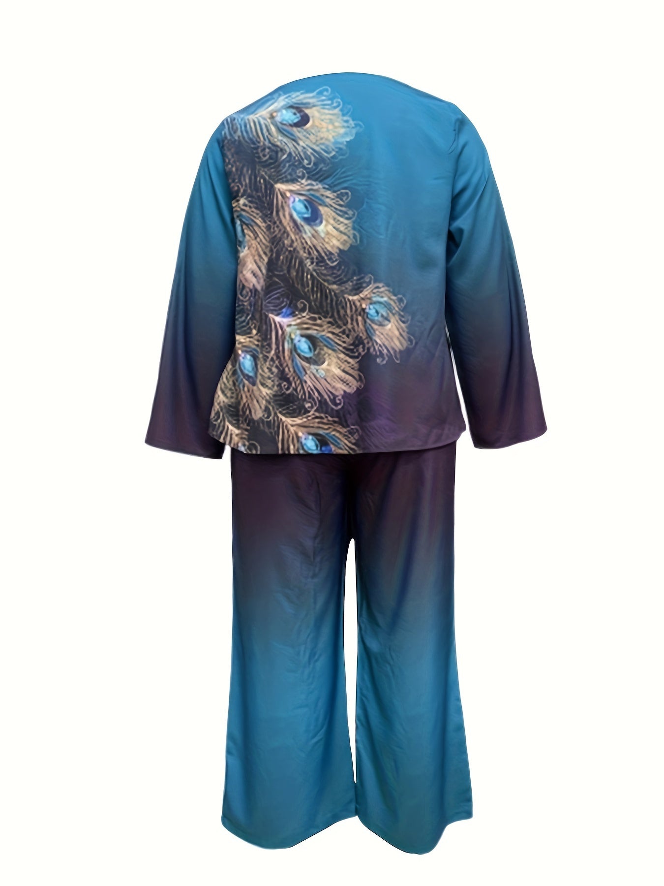 Women's Plus Peacock Print Top & Wide Leg Pants Set