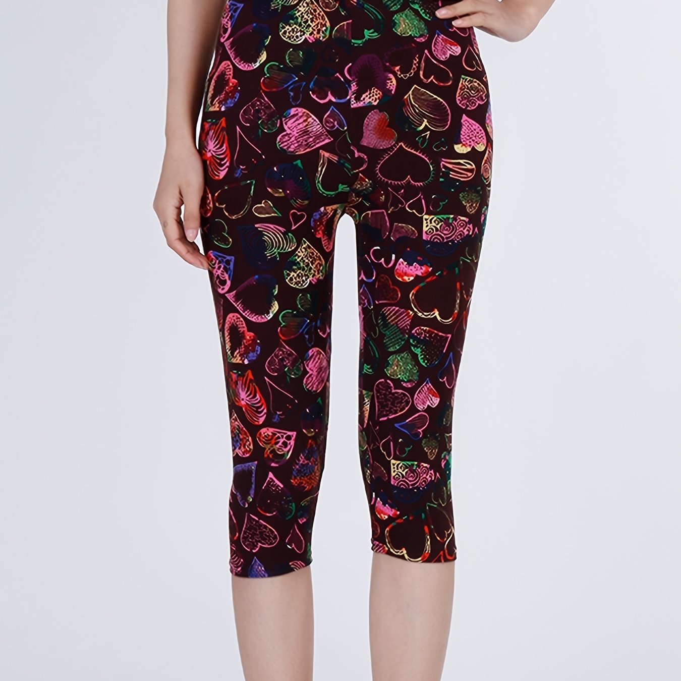 Heart Print Capris Leggings High Waist Elastic Bottoms
