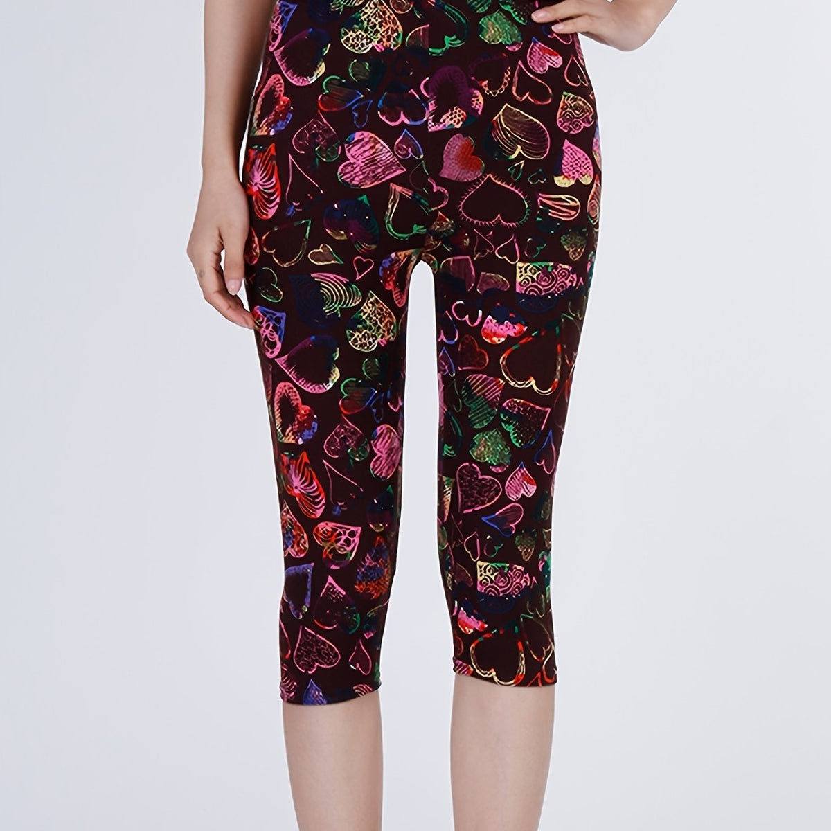 Heart Print Capris Leggings High Waist Elastic Bottoms