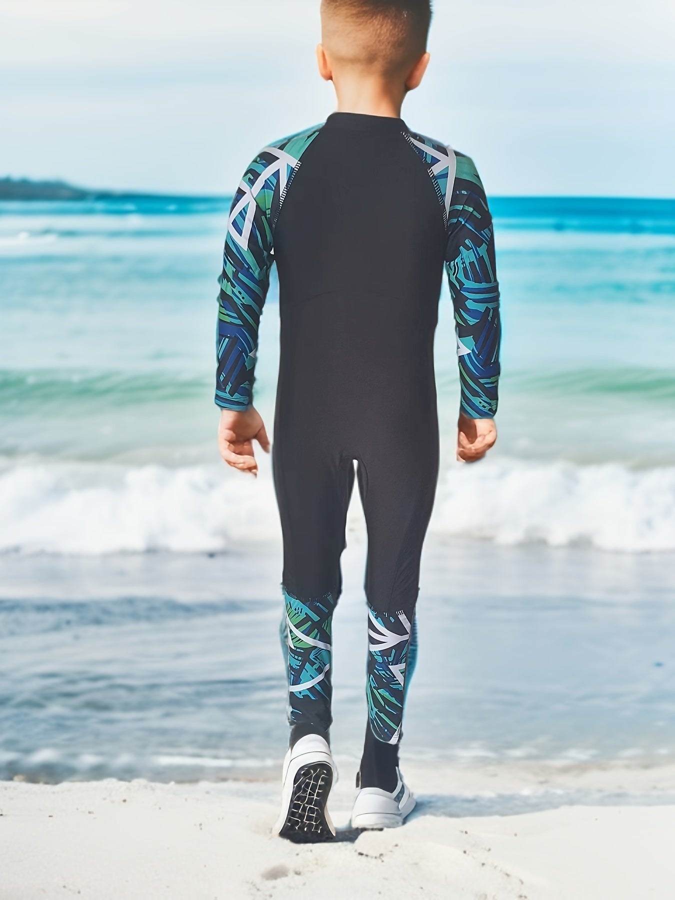 Geometric One-piece Swimsuit Boys Long Sleeve Surfing Suit Kids Swimwear