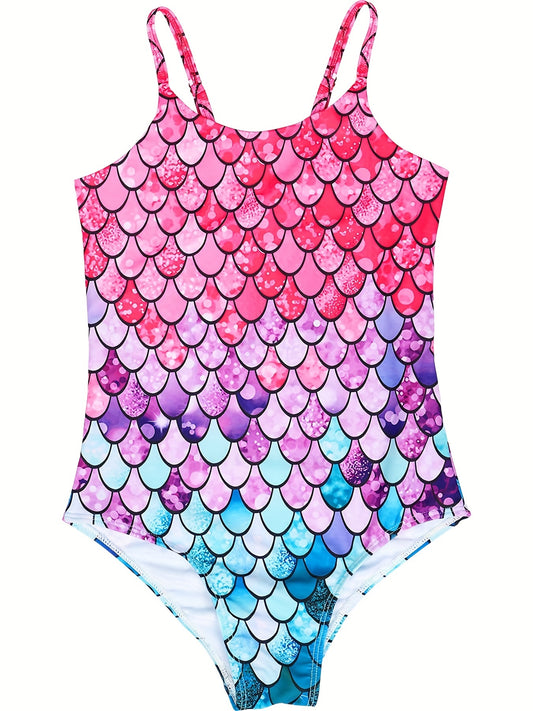 Girls Mermaid Fish Scale Sleeveless Onesie Swimsuit