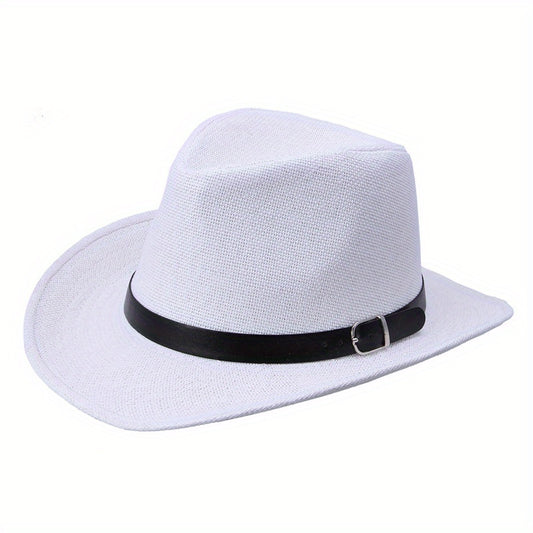 Western Cowboy Straw Fedora Belt Decor Wide Brim Sun Hat