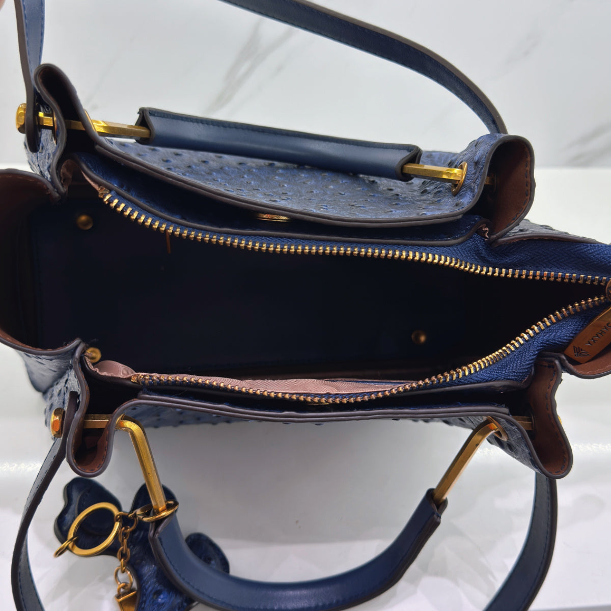 Ostrich Textured PVC Bucket Shoulder Bag Green Zipper Closure