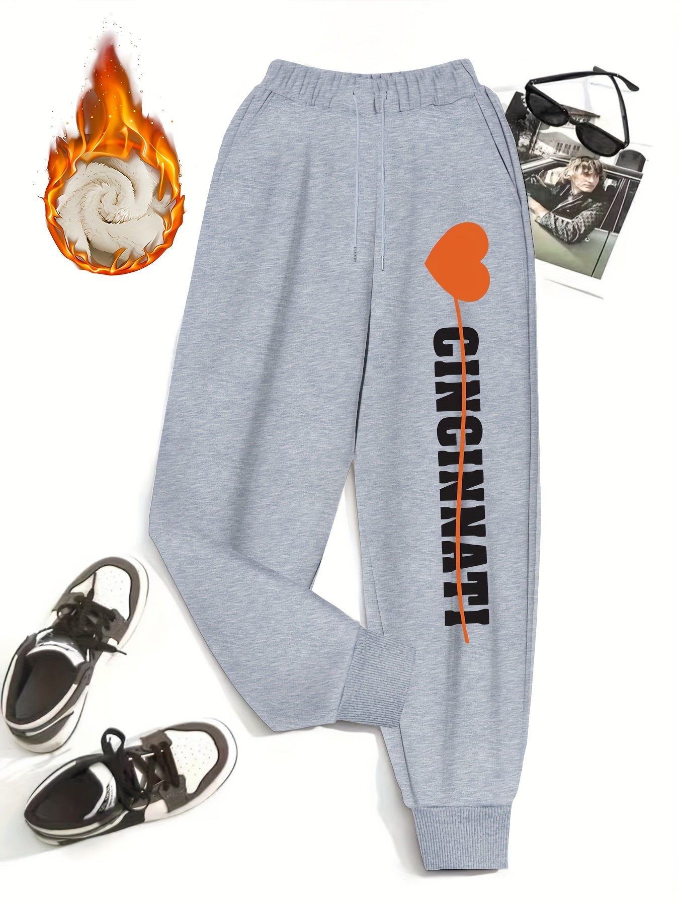 Women's Plus Size Fleece Liner Joggers, Heart Print, Elastic Drawstring