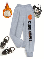 Women's Plus Size Fleece Liner Joggers, Heart Print, Elastic Drawstring