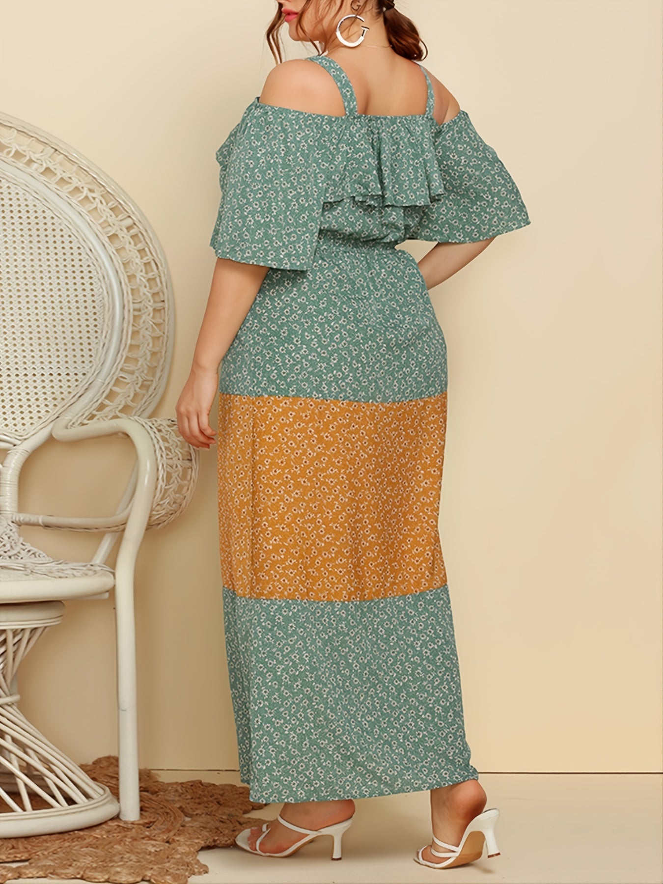 Plus Floral Cold Shoulder Maxi Dress Women's Plus Ruffle Trim Long Dr