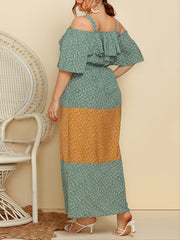 Plus Floral Cold Shoulder Maxi Dress Women's Plus Ruffle Trim Long Dr