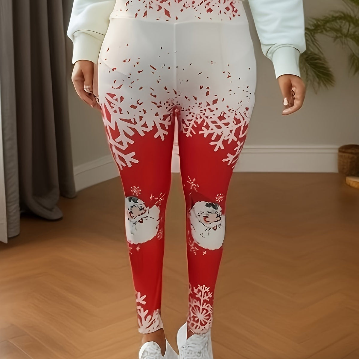  Christmas Leggings Women's Plus Santa Claus & Snowflake Print