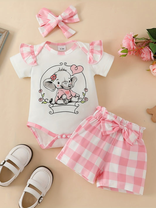 3pcs Baby Girls Elephant Print Onesie & Shorts Set