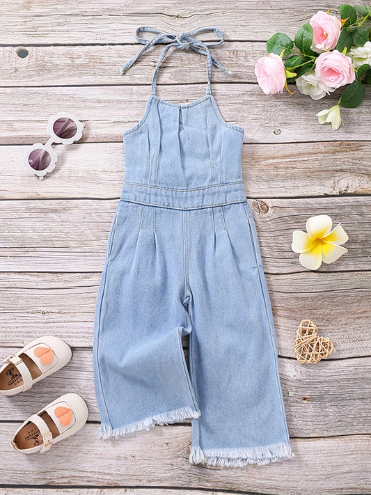 Girls Denim Overalls Halterneck Backless Jumpsuit