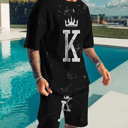 Crown & Letter K Mens 2 Piece Outfits T-shirt & Shorts Set
