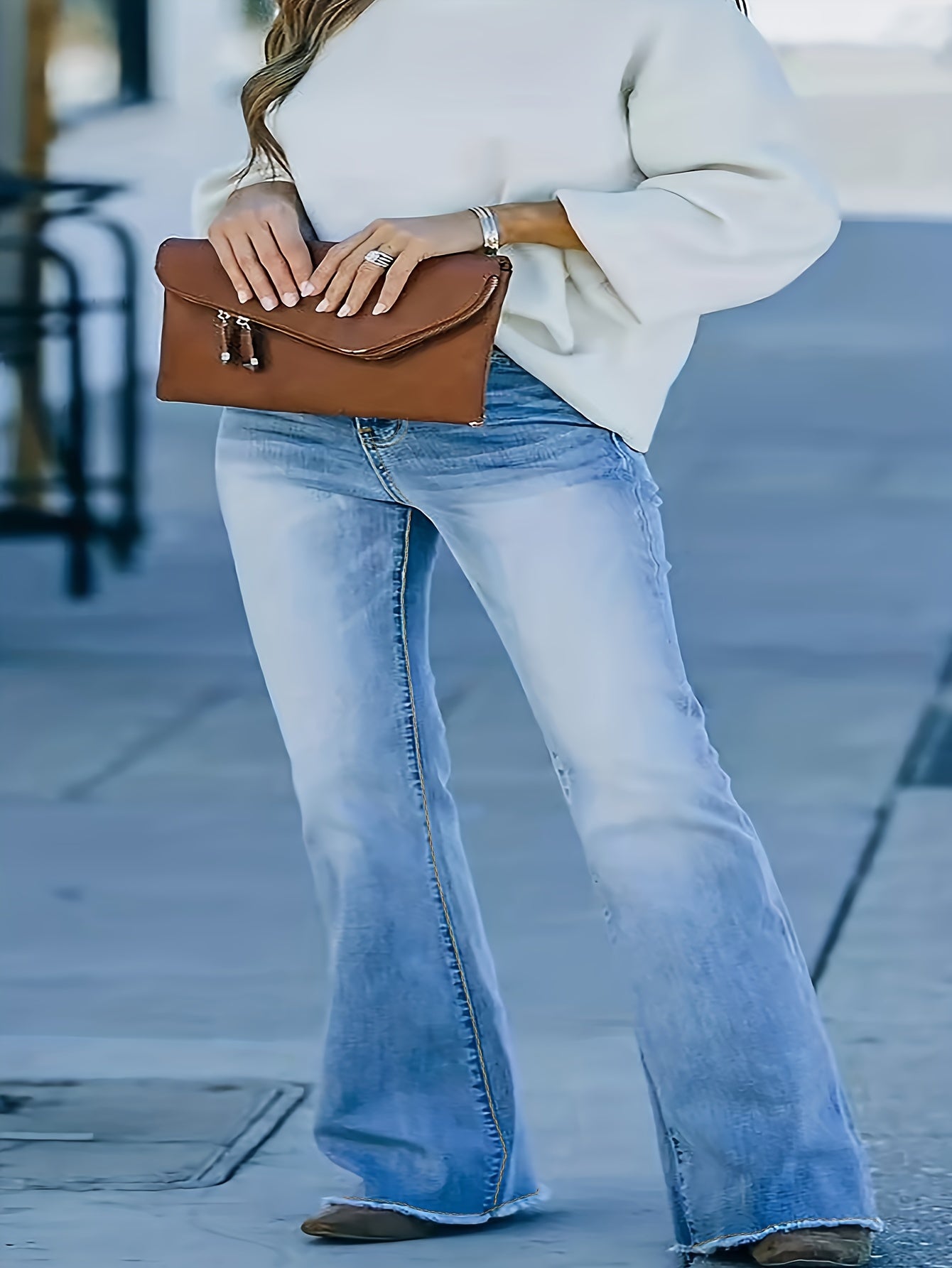  High Rise Button Fly Fringe Trim Washed Flare Jeans