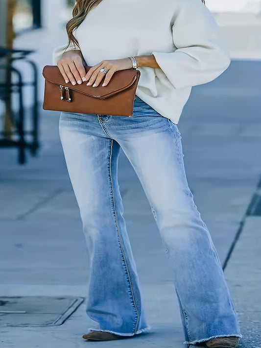  Washed Fringe Trim Flared Leg Jeans