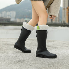 Women's Platform Fleece Liner Rain Boots Slip on Round Toe Waterproof High Boots