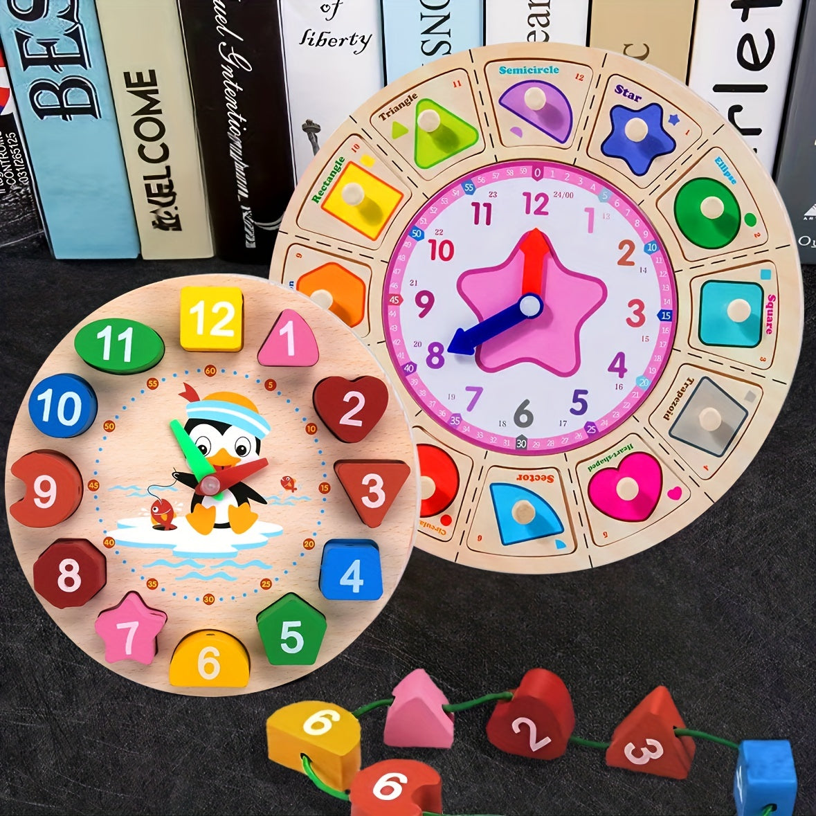 Wooden Teaching Clock with Random Pattern Toys