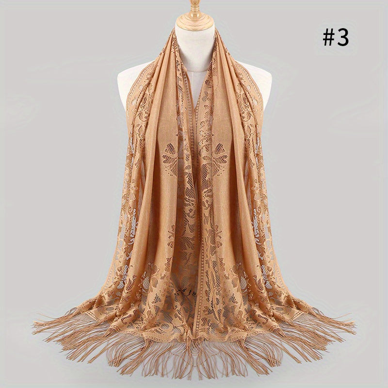 Tassel Lace Shawl Solid Flower Hollow Scarf Hijab Women Wrap