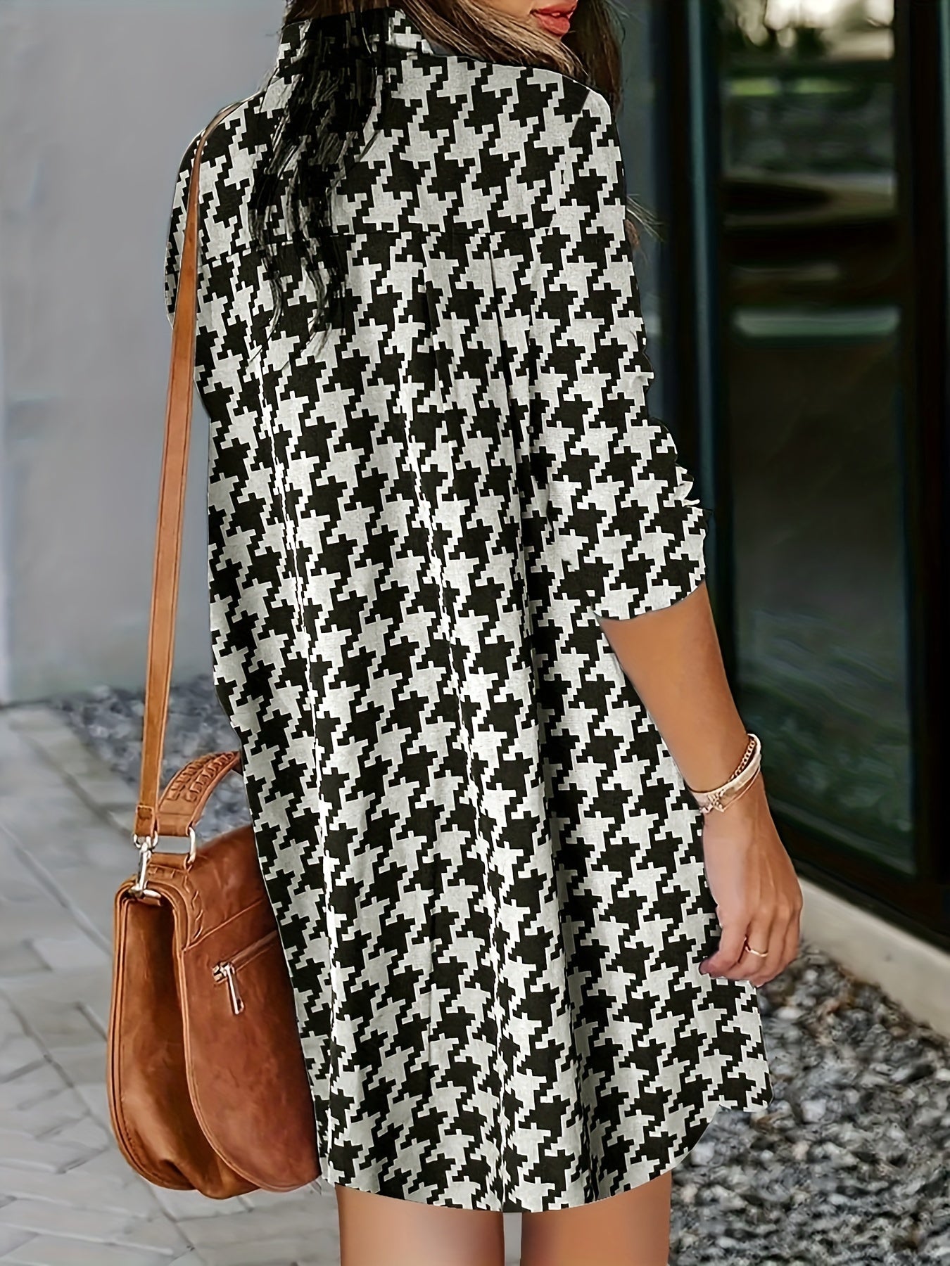  Houndstooth Print Button Up Blouse