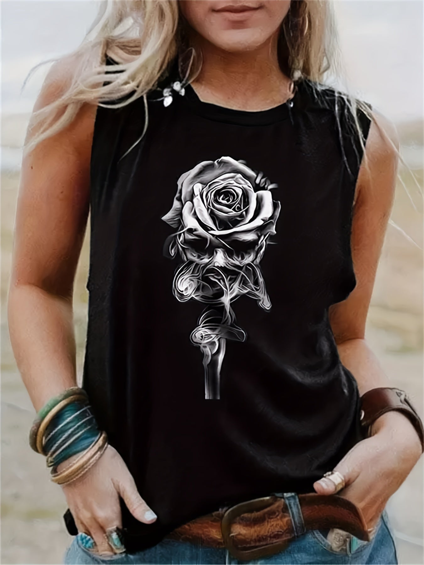 Rose & Skull Print Tank Top Sleeveless Crew Neck Casual Women Tops