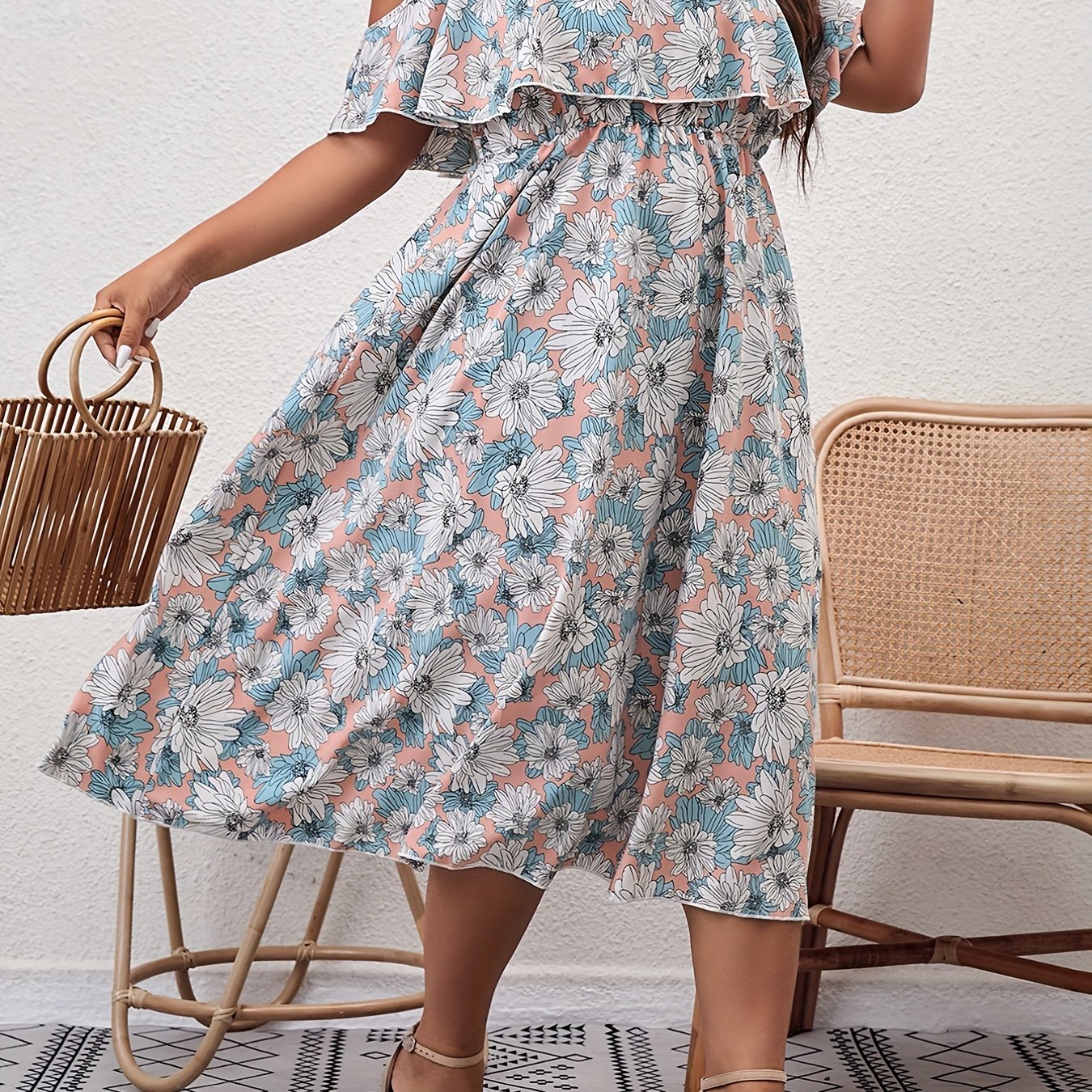 Floral Print Ruffle Trim Cold Shoulder Casual Dress