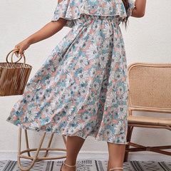 Floral Print Ruffle Trim Cold Shoulder Casual Dress