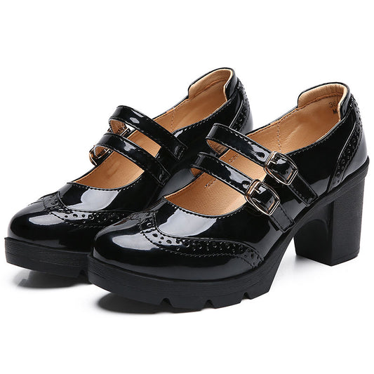 Women's Buckle Strap High Heel Mary Jane Patent Leather Chunky Heels