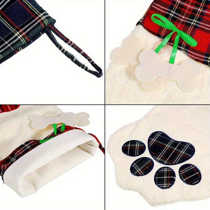 Plaid Dog Paws Christmas Socks Gift Bag