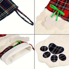 Plaid Dog Paws Christmas Socks Gift Bag