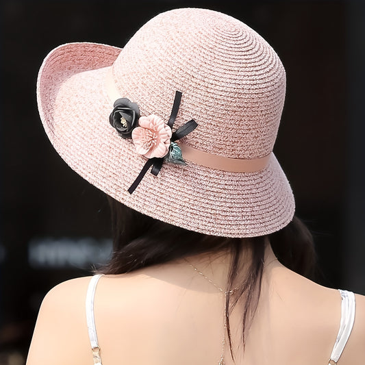 Flower Decor Straw Sun Hat UV Protection Bucket Hat for Women