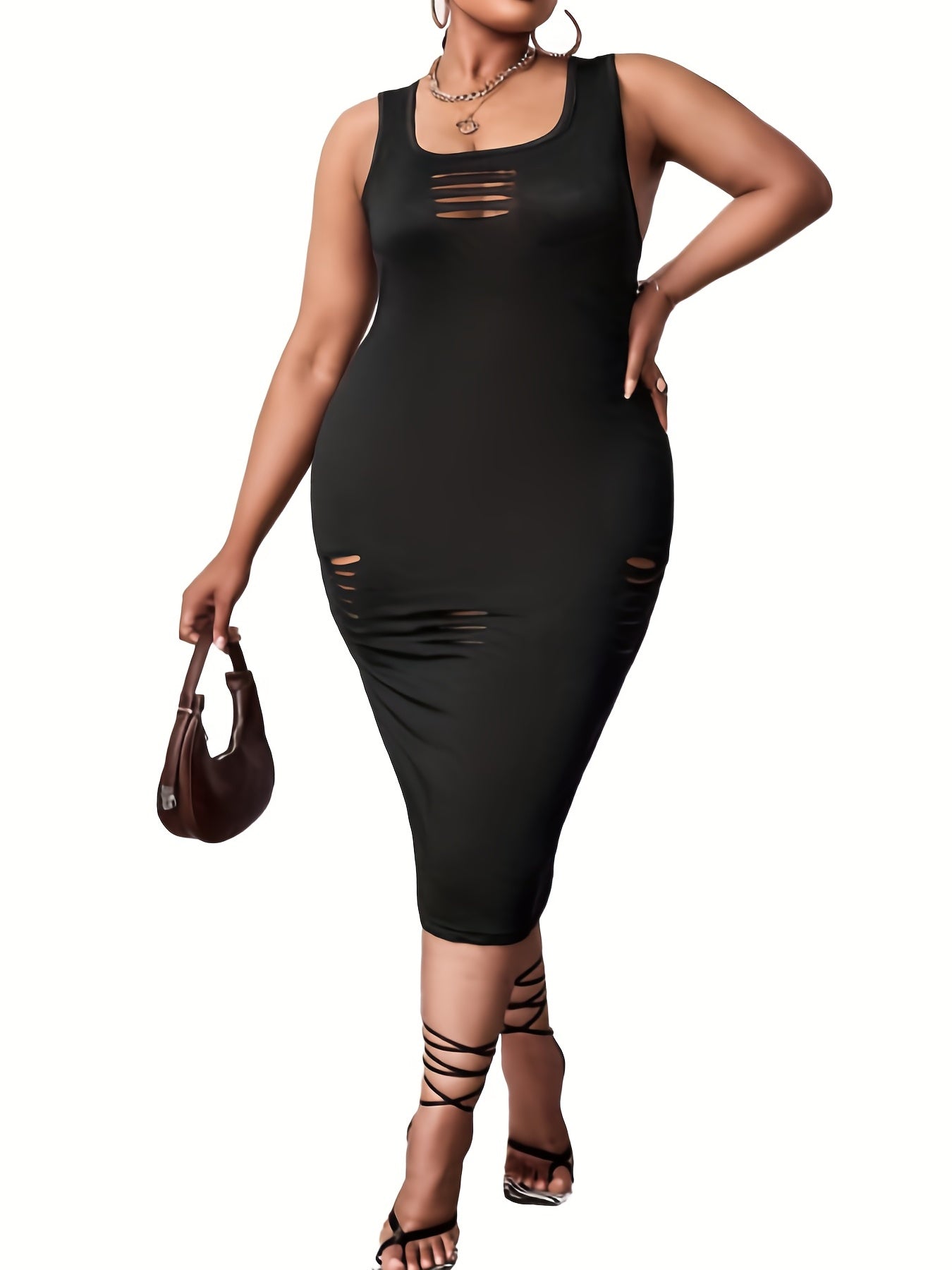  Sexy Tank Dress Women's Plus Solid Ripped Square Neck Semi Sheer