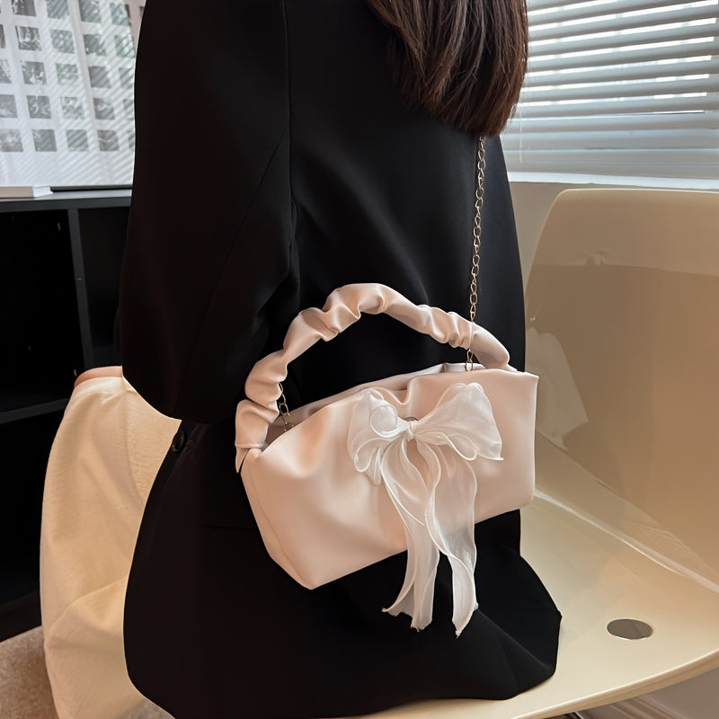 Bow Decor Ruched HandBag Women's Faux Leather Chain Shoulder Bag Crossbody Purse
