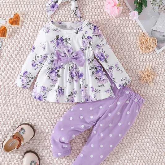 Baby Girls Floral Print Top & Pants Set For Spring And Autumn