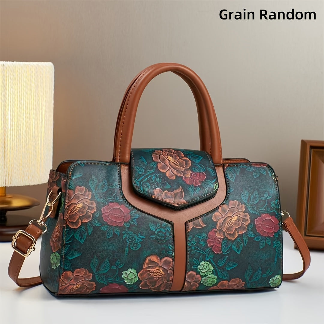 Vintage Floral Print Tote Bag Zipper Handbag Dark Brown Red Green