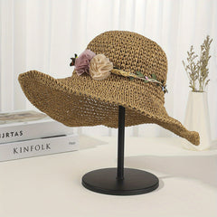 Khaki Crochet Flower Sun Hat Hollow Out Breathable Straw Bucket Hat