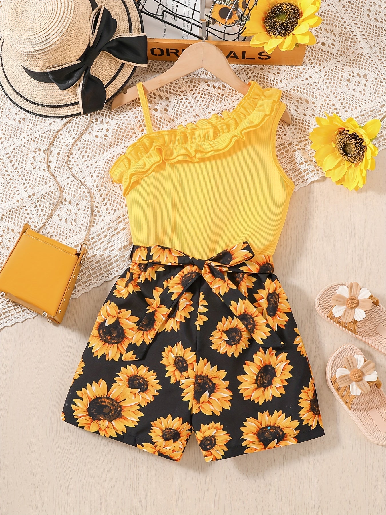 Girls Sunflower Pattern Ribbed Cami Romper Jumpsuit