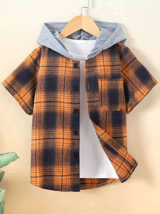 Toddler Boys Plaid Hoodie Shirt Short Sleeve Button Down Shirt